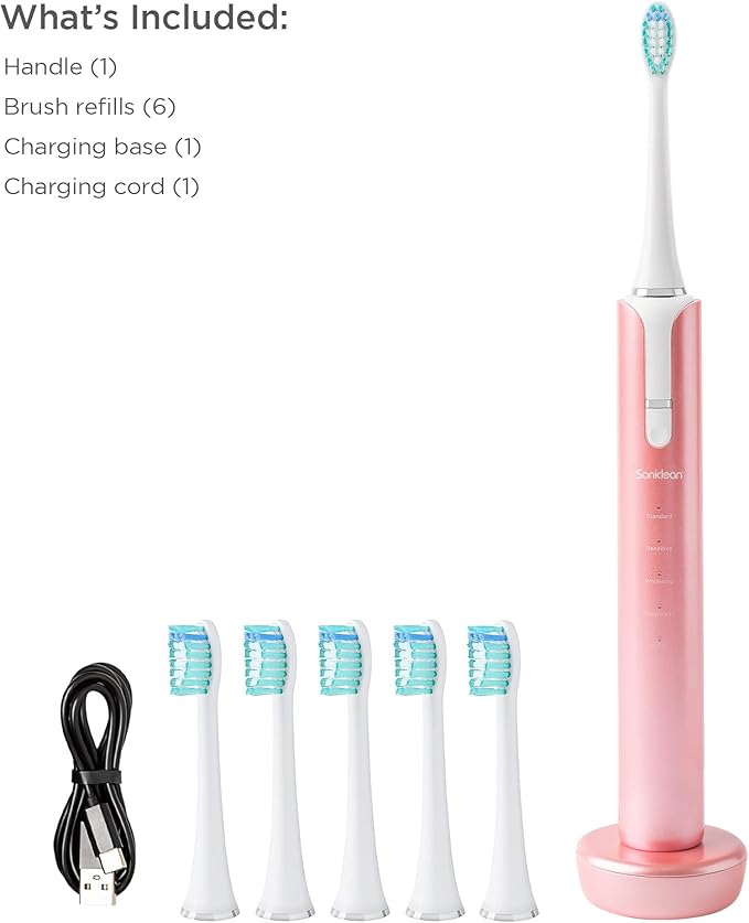 Soniclean Lux Sonic Toothbrush for Adults with 6 Toothbrush Heads, Rechargeable, Automatic, Sonic with Refills, Rose Gold
