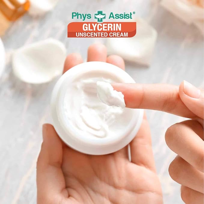 PhysAssist Oncology Glycerin Unscented Moisturizer Cream for Dry Stressed Skin. Designed for those with Fragrance Intolerances after Radiation and Chemo Treatments. 4 Oz jar.