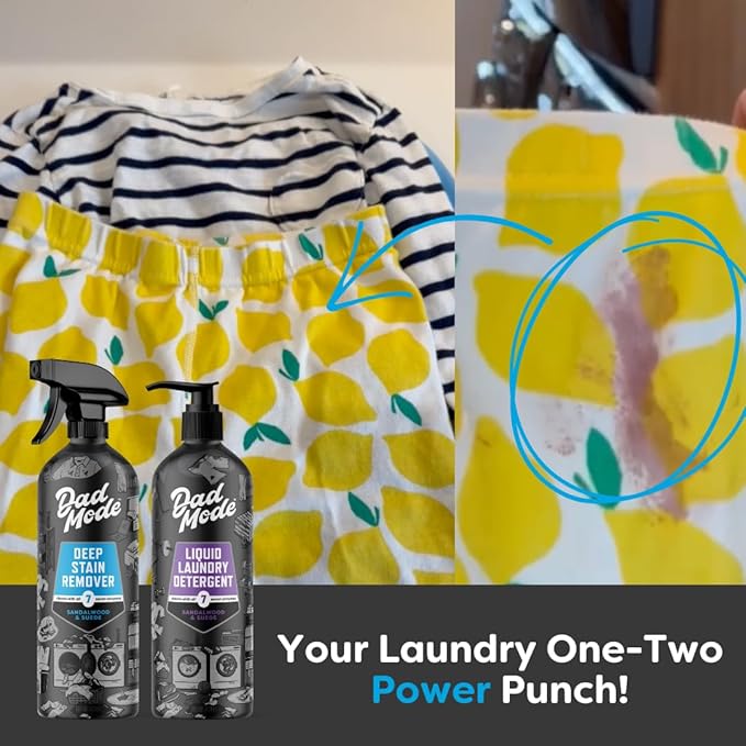 DadMode 7-Enzyme Laundry Stain & Odor Destroyer – Deep Cleaner for Extreme Clothing Messes - Masculine Sandalwood & Suede Scent, 16oz Refillable Bottle