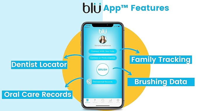 Blu Smart Bluetooth Enabled Kids Toothbrush with Live Tracking App to Teach Children Healthy Brushing Habits, Share Results with Your Dentist (Blue). Wireless Rechargeable Electric.