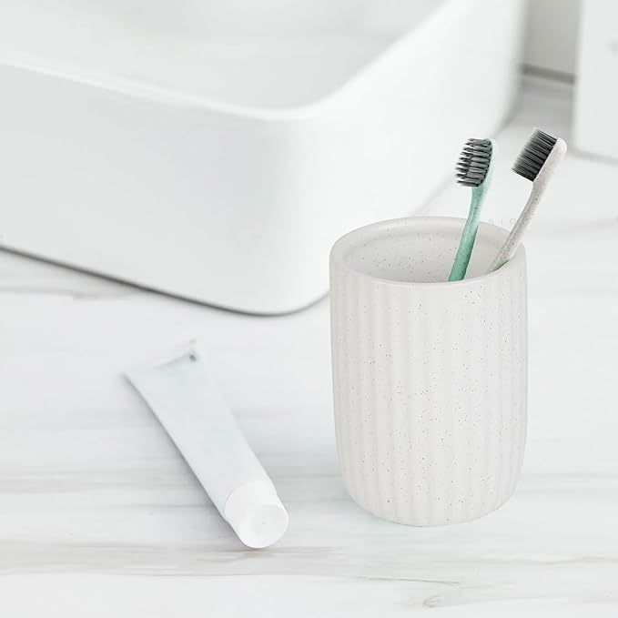 8 oz Toothbrush Holders for Bathroom, Ceramic Tooth Brushing Dispenser, Small Tooth Brush Organizer for Countertop, Toothpaste Storage Stand, Tumbler Storage Cup for Makeup Brushes -White