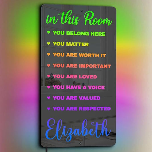 Custom Inspirational Diversity LED Light - Room Mirror - Name Light Up Sign for Wall - RGB Name Sign - Handmade Led Mirror for Bedroom