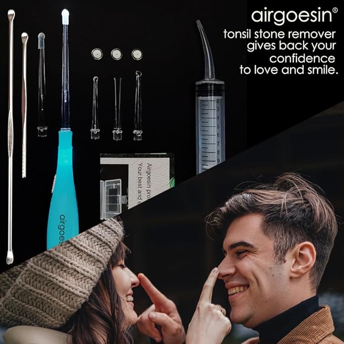 Airgoesin™ Upgraded Tonsil Stone Remover Tool, Blue, 5 Tips, Tonsillolith Pick Case + 1 Irrigator Fresh Breath Oral Rinse