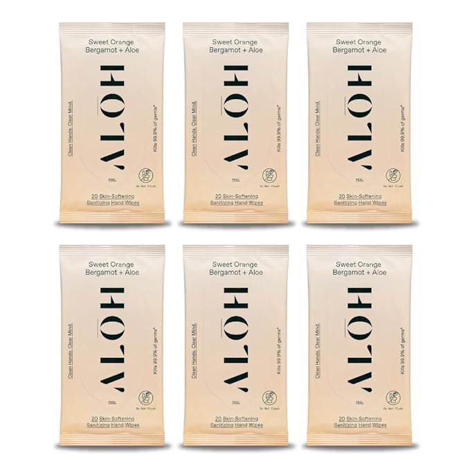 ALO ALŌH Sweet Orange Bergamot + Aloe Sanitizing Hand Wipes - Clean Hands, Clear Mind - On The Go Hand Sanitizer Wipes for Kids and Adults - (6 Pack, 20ct Wipes)