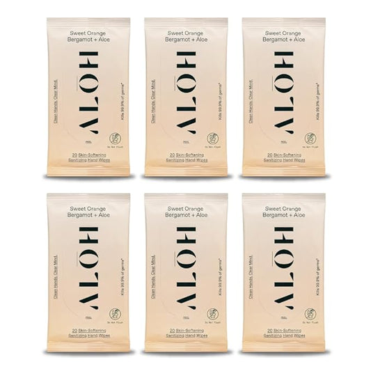 ALO ALŌH Sweet Orange Bergamot + Aloe Sanitizing Hand Wipes - Clean Hands, Clear Mind - On The Go Hand Sanitizer Wipes for Kids and Adults - (6 Pack, 20ct Wipes)
