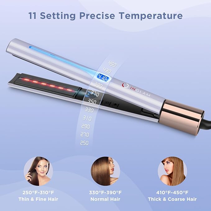 IG INGLAM Titanium Flat Iron Hair Straightener, Curling Iron 1 Inch, Infrared Negative Ionic Hair Straightener 11 Adjust Temp 250°F to 450°F, Shiny Hair Dual Voltage 110-240V, Gift, Purple
