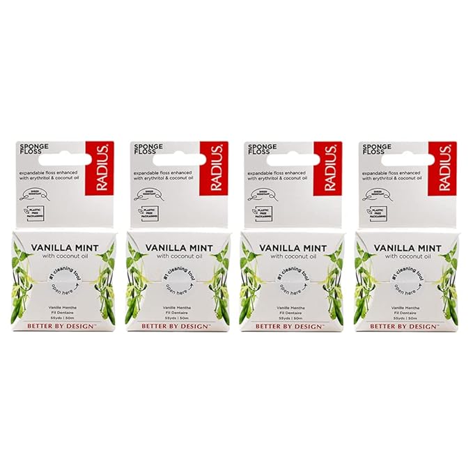 RADIUS Vanilla Mint Dental Floss 55 Yards Vegan & Non-Toxic Oral Care Boost & Designed to Help Fight Plaque Clear - Pack of 4