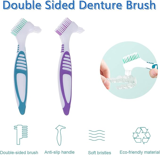 Denture Brush, 2 Pieces False Teeth Toothbrush with White Carrying Case, Green and Purple Multi-Layered Bristles with Ergonomic Rubber Handle for Dentures Cleaning