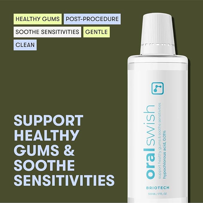 BRIOTECH Oral Swish, Hypochlorous Acid Mouthwash Rinse, Gentle Oral Care Hygiene, Fight Bad Breath, Support Against Plaque, Gum Irritation & Tender Gums, Alcohol & Fluoride Free, 32 fl oz (2 Pack)