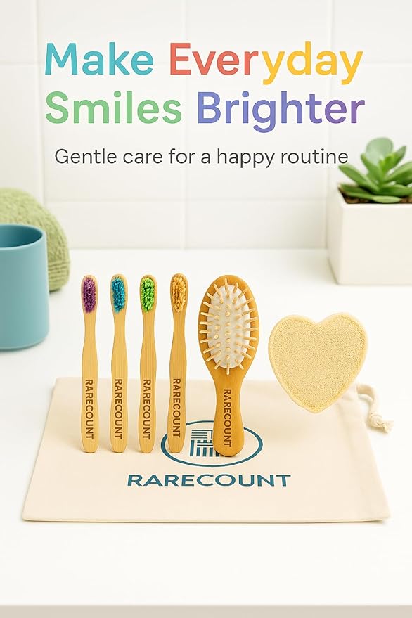 Kids Bath & Grooming Set – Wooden Baby Hair Brush + Soft Bamboo Kids Toothbrush + Heart Loofah | Natural Bath Kit for Toddlers & Kids