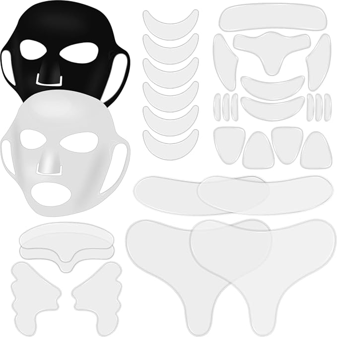 Maitys 32 Pcs Facial Chest Neck Silicone Pad Reusable Face Forehead Patches Facial Sleeping Mask Cover for Smoothing Chest Neck Forehead Eye Mouth (Black,White)