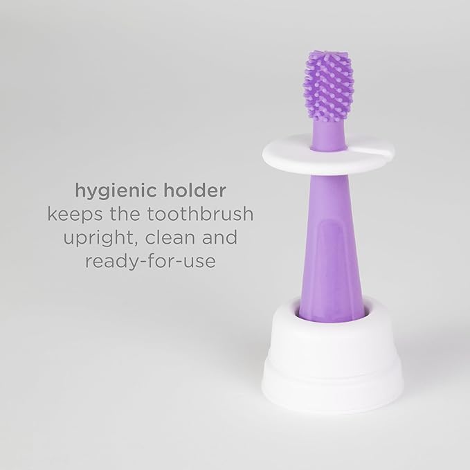 Ubbi Grow with Me Toothbrush Training Set for Babies and Toddlers, Includes One 360° Food-Grade Platinum Silicone and One Soft Bristled Toothbrush, Smoothie Purple and Zest Green