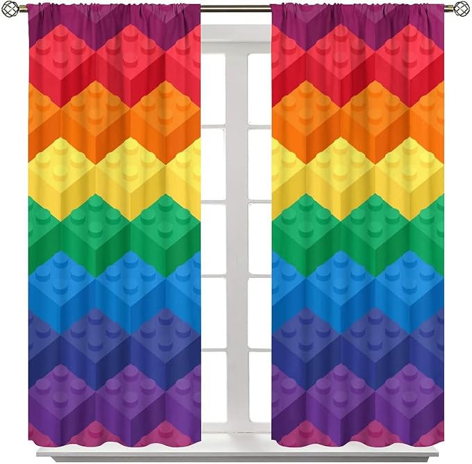 Colorful Building Blocks Cartoon Toy Printed Curtains, Bedroom, Living Room, Architecture, Curtains, Fun Brick 3D Design Curtains, Children's Living Room, Window Treatment Panels 2 Panels 63x63in