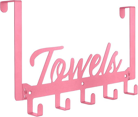 Over The Door Hooks, Towel Rack for Bathroom Towel Holder for Hanging Heavy Duty, Over Door Hanger with 5 Coat Hooks for Bedroom Bathroom Kitchen Towels, Pink