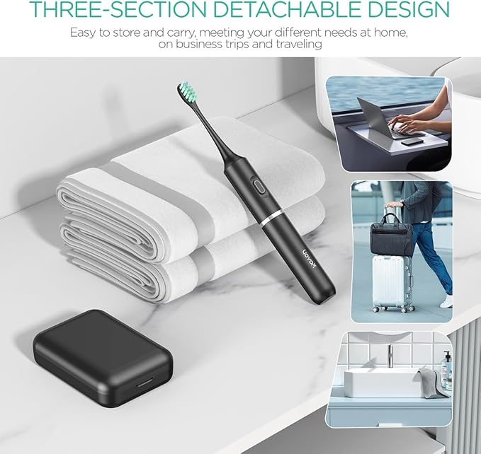 VOYOR-Health Travel Electric Toothbrush, Rechargeable Toothbrushes for Adults, Portable Sonic Toothbrush with 5 Modes, Three-Section Detachable Design with Travel Case ET410 (Black)