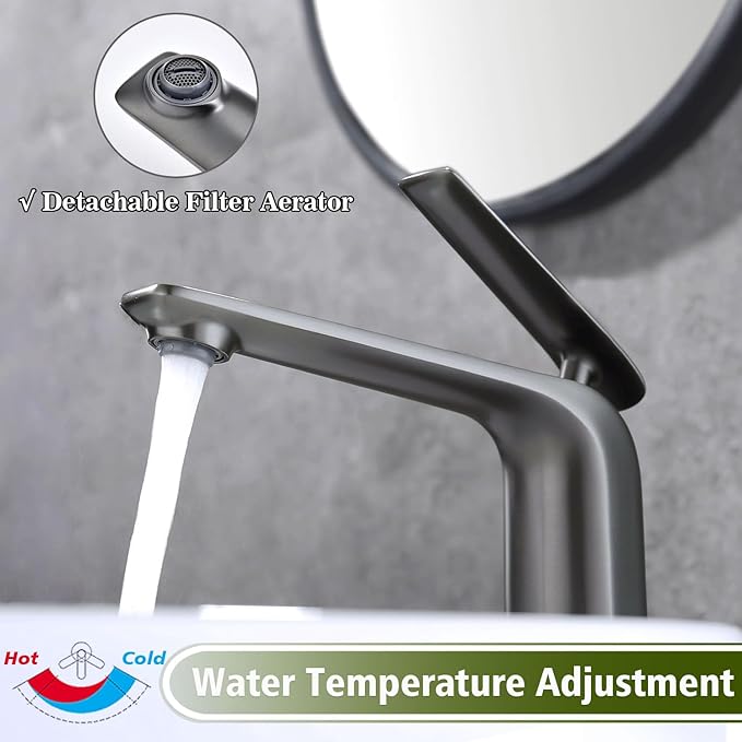 TOCALOCA Tall Bath Faucet for Vessel Sink, Gun Grey One Hole Single Handle Bathroom Faucets Brass, High Bathroom Vanity Faucet Single Lever Modern Basin Mixer Taps