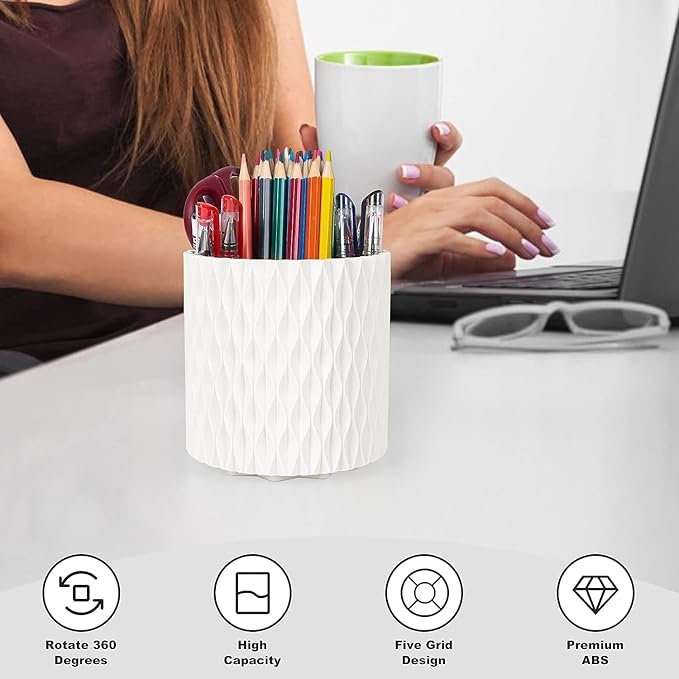 Makeup Brush Holder Organizer-360° Rotating Makeup Brush Storage,Pencil Pen Holder Cup,Desk Accessories,5 Slot Make up Brushes Cup, for Vanity Desktop Bathroom Countertop (White)