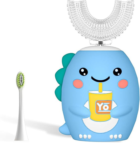 Kids U Shaped Electric Toothbrush，auto Sonic Baby Toothbrush，Cartoon Dinosaur 360-Degree Cleaning IPX7 Waterproof Design（8-15y）