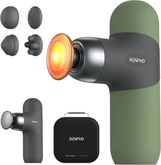 RENPHO Mini Thermal Massage Gun with Heat, Valentines Birthday Gifts for Women Men, Portable Deep Tissue Percussion Massager, Color Silicone Sleeves Travel Size with Carry Case, Olive Drab