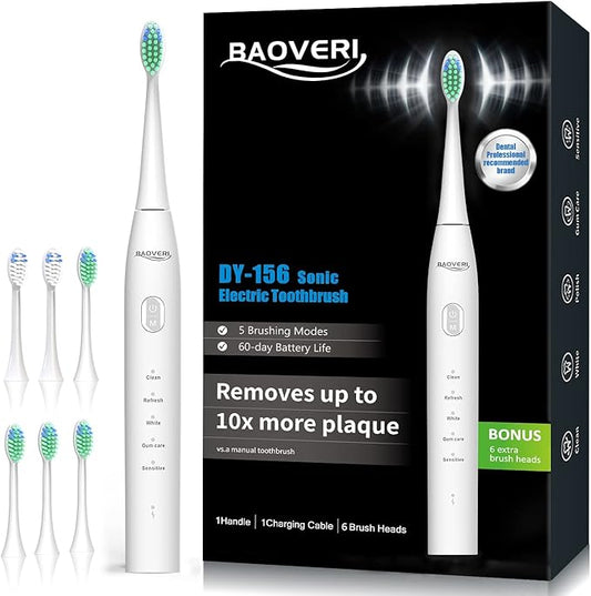 BAOVERI Electric Toothbrush for Adults & Kids,Rechargeable Ultrasonic Electric Toothbrush with 6 Dupont Brush Heads, IPX7 Waterproof, 5 Modes, 2 Minutes Smart Timer, 4 Hours Fast Charge for 60 Days