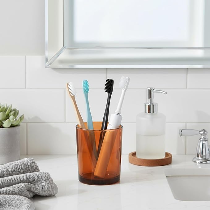 Amber Glass Toothbrush Holder, Glass Toothbrush Cup with Foam Protector, Bathroom Organizer for Vanity Countertop 9x8 cm