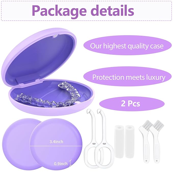 2 Retainer Case, Slim Aligner Cases for Invisalign, Mouthguard Case with Removal Tools& Aligners Chewies& Brush, Removable Inner Tray Silicone for Easy Cleaning (Purple-2pcs)
