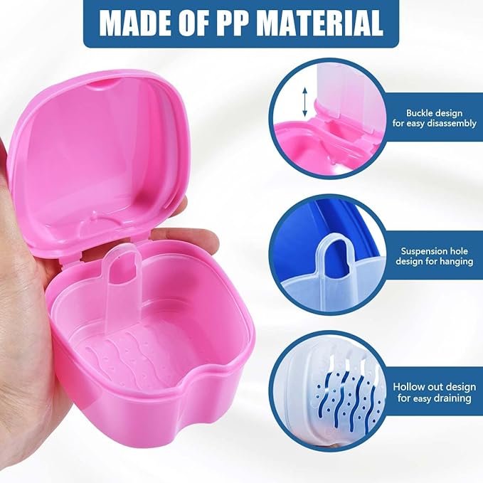 2 Pack Denture Bath Case Cup Box Holder Storage Container with Denture Cleaner Brush Strainer Basket for Travel Cleaning (Blue and Pink)