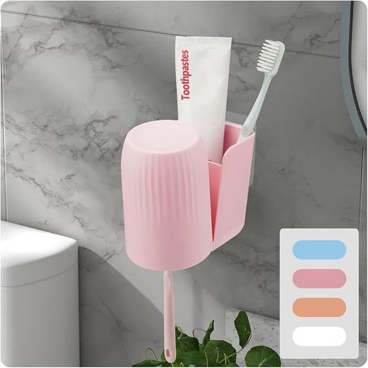 Toothbrush Holders for Bathrooms Toothbrush Holders Wall Mounted BPA-Free Tooth Brush Holder with Toothbrush Cup Drilling-Free (Pink)