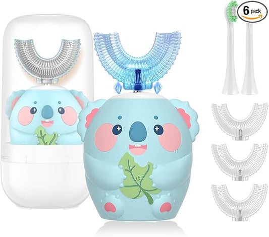 Kids Electric Toothbrush, U Shaped Toothbrush Kids Sonic Automatic Brush with 5 Brush Heads 6 Cleaning Modes IPX7 Waterproof Rechargeable Smart Timer for Children(Ages 2-7, Koala Cyan)