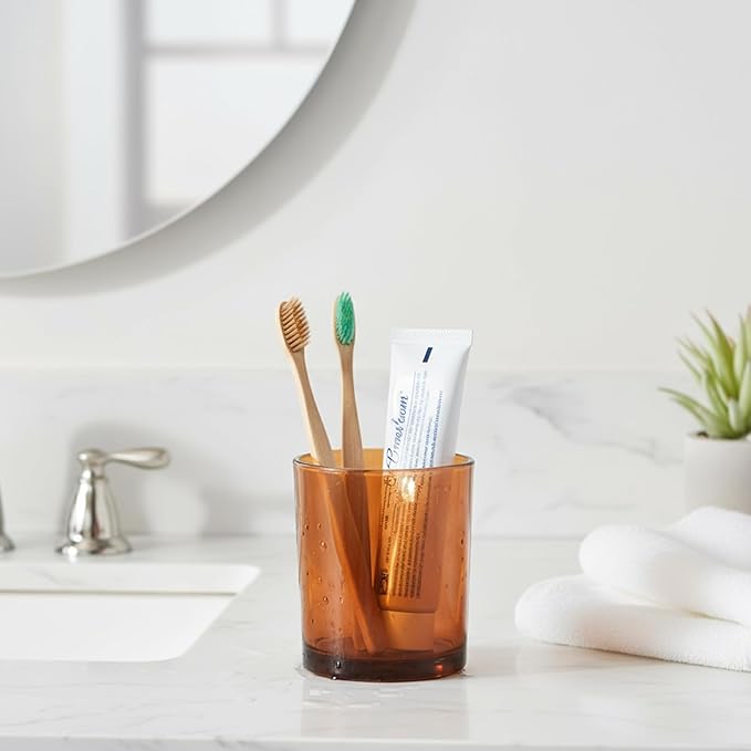 Amber Glass Toothbrush Holder, Glass Toothbrush Cup with Foam Protector, Bathroom Organizer for Vanity Countertop 9x8 cm