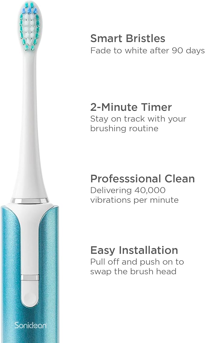 Soniclean Lux Sonic Toothbrush for Adults - 6 Toothbrush Heads, Rechargeable, Automatic, Refills, Aqua