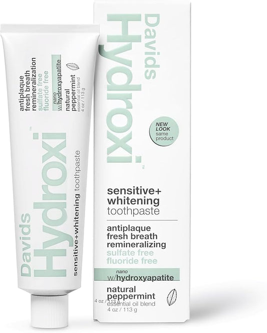 Davids Hydroxi Fluoride Free Nano Hydroxyapatite Toothpaste for Remineralizing Enamel & Sensitive Relief, Whitening, Antiplaque, SLS Free, Natural Peppermint, 4 oz, Made in USA
