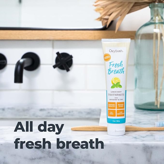 Oxyfresh Premium Lemon Mint Fresh Breath Toothpaste to Help Fight Bad Breath, Anti Plaque & Tartar Control - Low Abrasion Gel, SLS & Fluoride Free Toothpaste with Essential Oils, 5oz