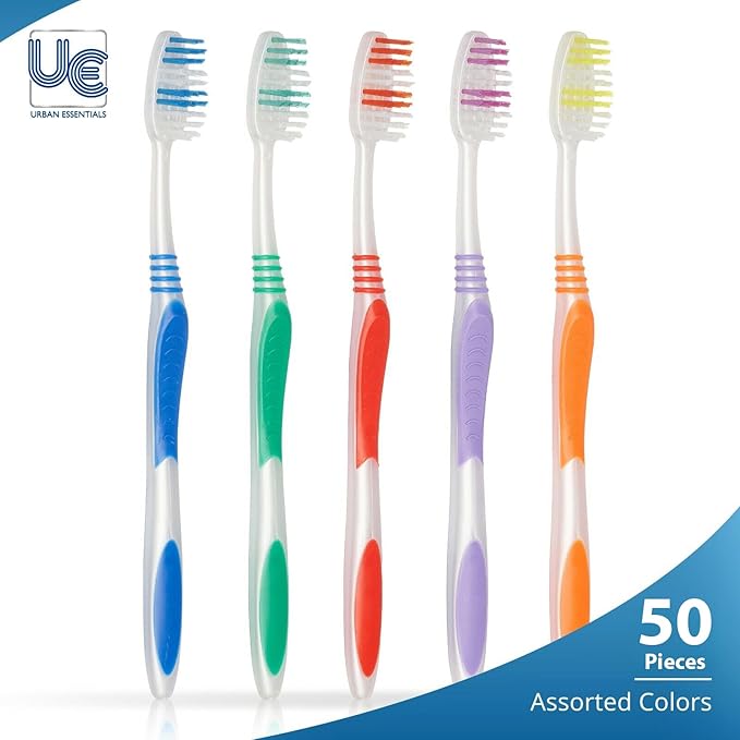 Urban Essentials Bulk Toothbrush(50) Bulk Toothpaste(50) Pack with Covers Premium Quality Individually Wrapped Colorful Toothbrushes Medium Soft Toothbrush Hygienic Cap for Donations, Travel, Hotels