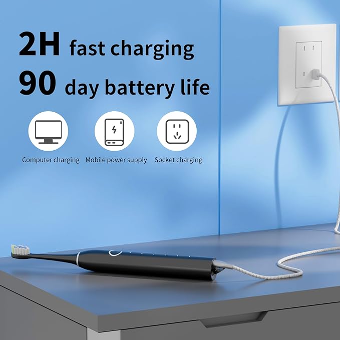 Rooman Electric Toothbrush for Adults, 20000 VPM, 5 Cleaning Modes, 90-Day Battery Life, Built-in Smart Timer, IPX7 Waterproof Rechargeable Toothbrush, 2 Interchangeable Brush Heads (Black)