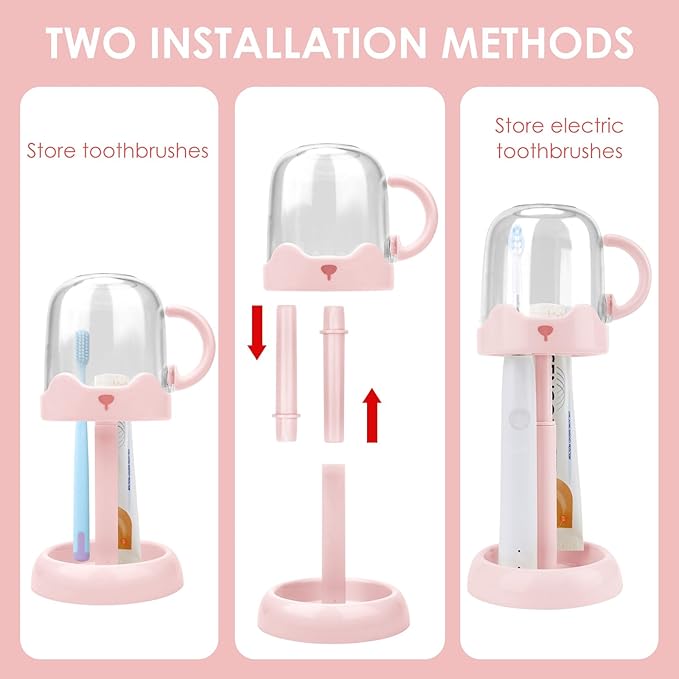 Adjustable Toothbrush Holders for Bathrooms, Plastic Tooth Brush Holder with Cover, Toothbrush and Toothpaste Storage Organizer for Dormitory Countertop (Pink)