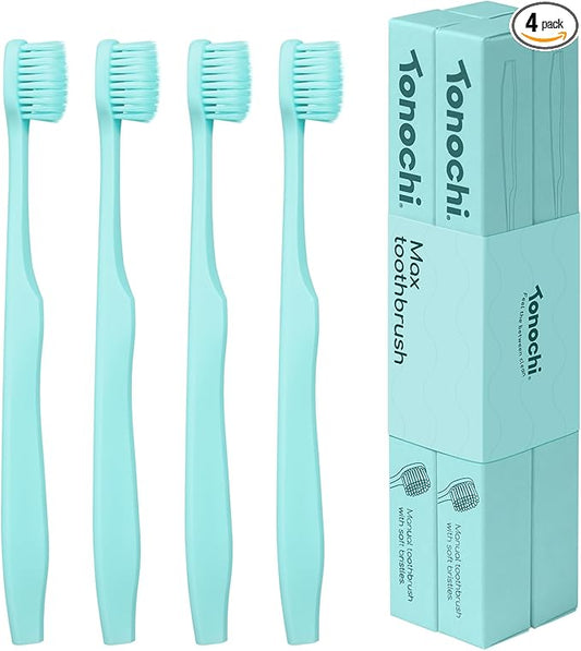 Max Extra-Soft Toothbrush for Adults Sensitive Gums – Gentle Bristles, Wide Angled Head for Back Teeth, Ergonomic Non-Slip Grip, BPA-Free Handle, Individually Wrapped, 4-Pack(Green)