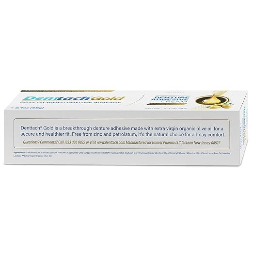 Denttach Gold Denture Adhesive, Petroleum Free Olive Oil Based Premium Denture Adhesive Cream for Full and Partial Dentures, All Day Secure Hold Denture Glue, Zinc Free, 2.4 Ounce (Pack of 3)