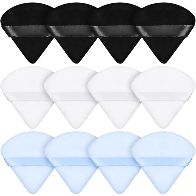 Maitys 12 Pieces Powder Puff Triangle Face Makeup Cosmetic for Loose Powder Soft Body Washable Reusable Foundation Sponge Mineral Wet Dry Makeup Tool for Women(Small,Black, White, Blue)
