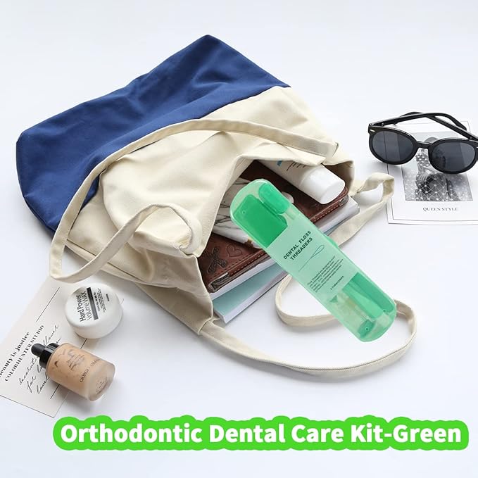 Braces Cleaning Kit for Teeth, Portable Orthodontic Toothbrush Kit Oral Care Dental Travel Kit - Interdental Brush Dental Wax Dental Floss Toothbrush Box (Green B)