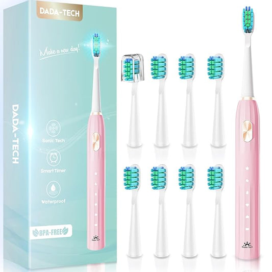 DADA-TECH Pink Electric Toothbrush for Adults Kids Electric Toothbrush Rechargeable with 9 Brush Heads, 5 Modes and 2 Minutes Smart Timer, 4Hours Charge for 60 Days, Roman Column Handle (Pink 8-12)