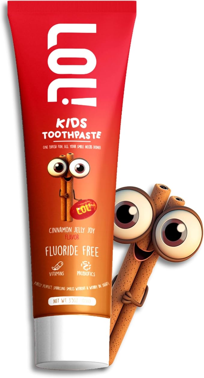 LOL Kids Fluoride-Free Toothpaste 2-Flavors Pack | Nano-Hydroxyapatite, Probiotics, Vitamins A, C, E | Safe if Swallowed, No SLS | 1 Peppermint, 1 Cinnamon Flavor