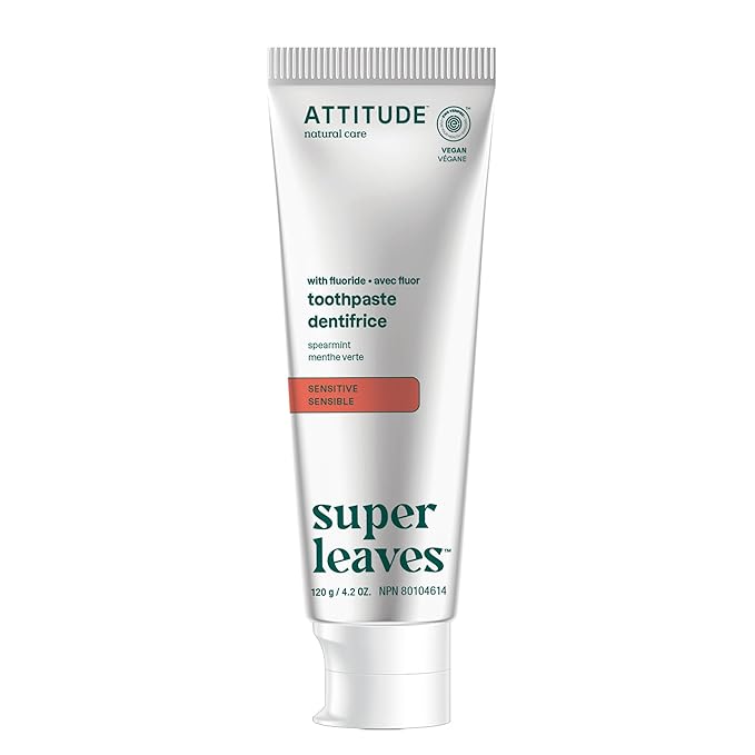 ATTITUDE Sensitive Toothpaste with Fluoride, Spearmint Flavor, Vegan & Cruelty-Free, Sugar-Free, Plant & Mineral-Based Ingredients, Clean Oral Care, 4.2 Oz