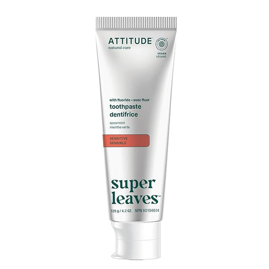 ATTITUDE Sensitive Toothpaste with Fluoride, Spearmint Flavor, Vegan & Cruelty-Free, Sugar-Free, Plant & Mineral-Based Ingredients, Clean Oral Care, 4.2 Oz