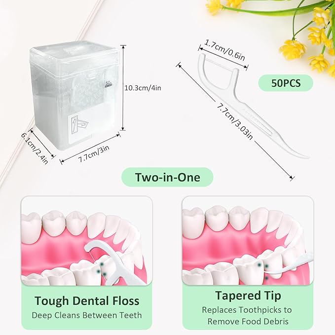 EKIND Individually Wrapped Dental Floss Picks Box Smooth Strong Thread Easy Grip Handle for Daily Cleaning Oral Care(50 Count)