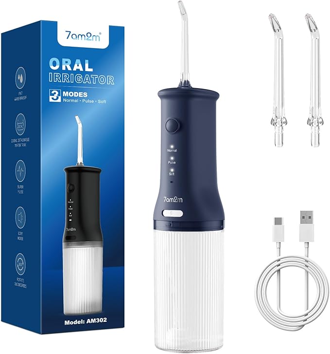7AM2M Portable Water Flosser Cordless, Water Flosser for Teeth with 3 Modes and 2 Jet Tips, USB C Rechargeable, IPX7 Waterproof, Dental Water Flosser for Travel and Home Use (Navy Blue)