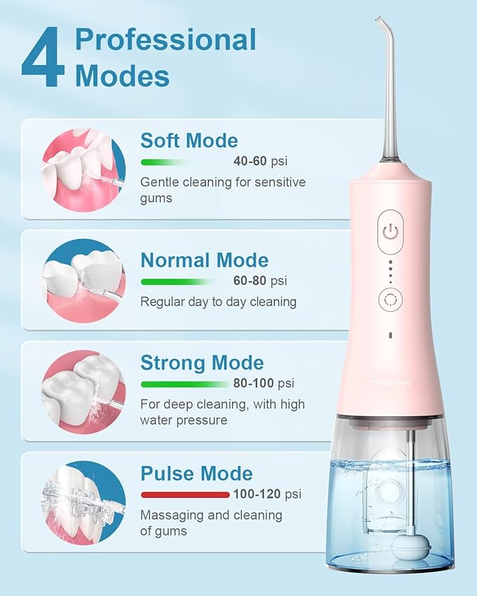 Operan Water Flosser for Teeth Cleaning Upgraded 300ml Cordless Water Dental Flossers Rechargeable Oral Irrigator with 4 Modes 4 Jet Tips IPX7 Waterproof Water Floss for Home Travel (Pink)+1Pack