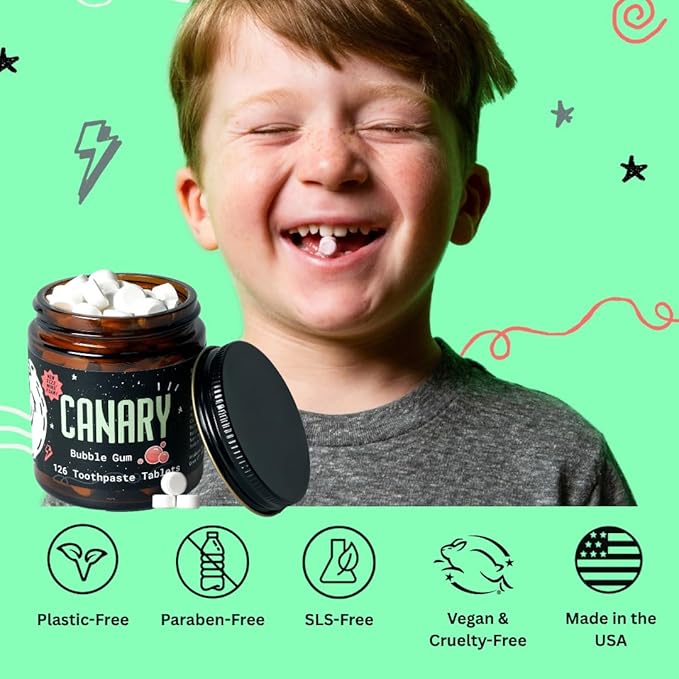 Canary Nano Hydroxyapatite Toothpaste Tablets Bubble Gum - Remineralizing, Fluoride Free, All Natural Tabs with Xylitol - Great for Kids, Plastic Free - 126 Count