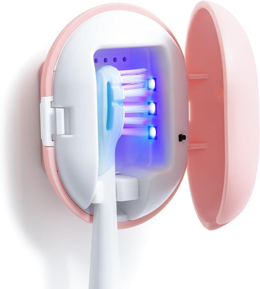 Toothbrush Sterilizer, Travel Toothbrush Covers Case with Holder, Portable USB Charging Toothbrush Cleaner Case with Blue Light (Pink)