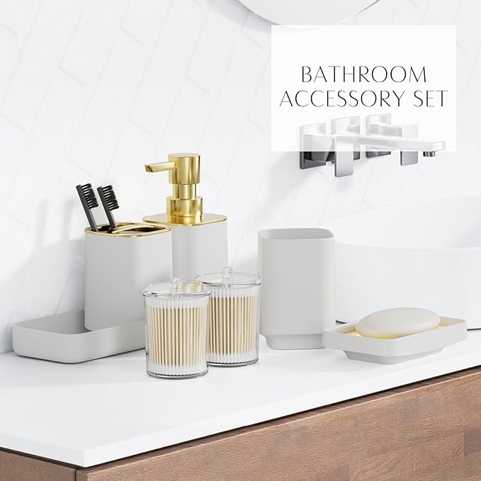 9PCS Bathroom Accessory Set, White Bathroom Set, Bathroom Accessories Set Complete with Trash Can, Toothbrush Holder, Soap Dispenser, Toilet Brush, Bathroom Decor